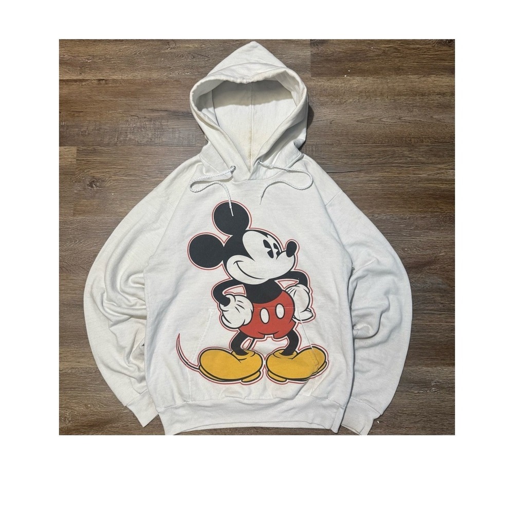 Disney Parks Mickey Mouse Hoodie Men Small Hanes EcoSmart Cream Pullover Vintage